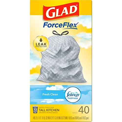 Glad Trash Bags, ForceFlex Tall Kitchen Drawstring Garbage Bags, Fresh Clean, 13 Gal, 40 Ct (Package May Vary)