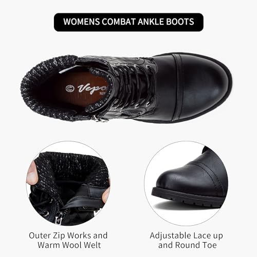 Vepose Women's Black Ankle Boots, Lace up Casual Combat Booties, Size 6 US - 927 Knitting Wool (CJY927 Black 06)