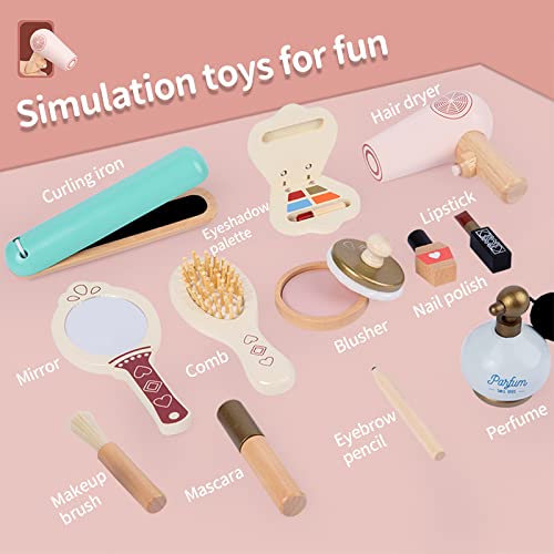 Fake Makeup Wooden Makeup Toy Set Wooden Toddler Makeup Kit Pretend Makeup Kit for Girls Kids Makeup for 3-9 Age 12 PCS Girl Birthday Gift (Makeup Set-1)