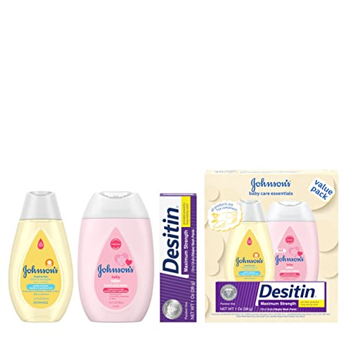 Johnson's Baby Care Essentials Gift Set, Baby Skincare Set with Body Wash & Shampoo, Body Lotion, & Zinc Oxide Diaper Rash Paste for Baby's Delicate Skin, Value Pack, Travel-Size, 3 Items