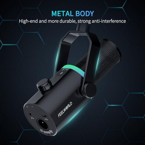FEELWORLD PM1 XLR USB Dynamic Microphone for Podcast Recording PC Computer Gaming Live Streaming Vocal Voice-Over, Studio Metal Mic with Voice-Isolating, RGB Light, Mute Button, Headphones Jack