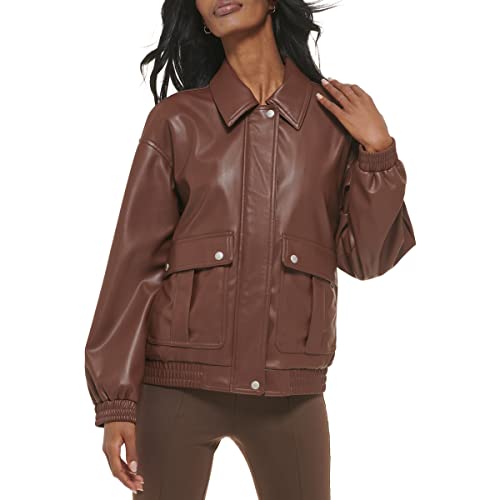 Levi's Women's Faux Leather Lightweight Dad Bomber Jacket, Chocolate Brown, X-Small