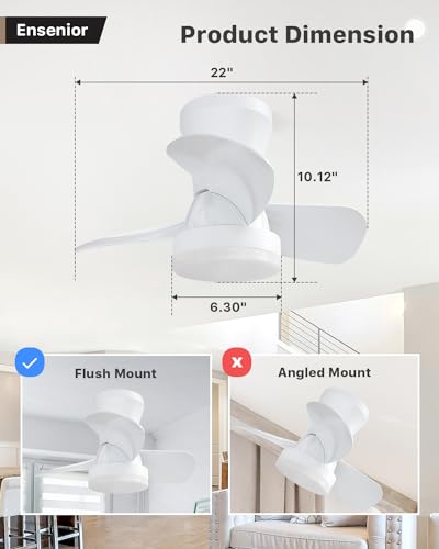 Ensenior 22 Inch Small Ceiling Fan with Lights and Remote, Ceiling Fan with Light Flush Mount, 3000K-6000K Colors and 6 Speeds, Low Profile Ceiling Fan Light for Bedroom and Living Room - Black