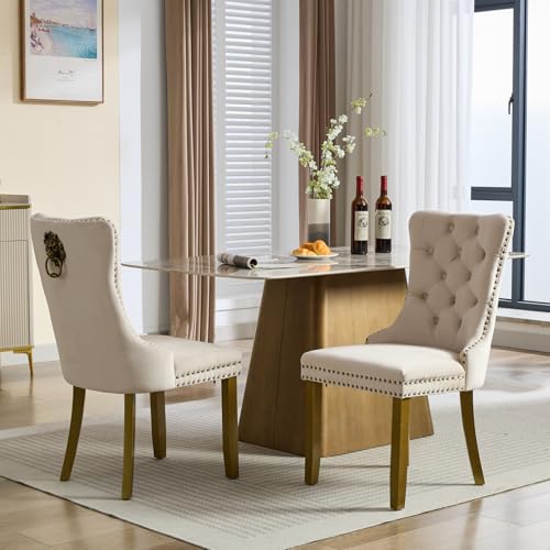 Upholstered Dining Chairs Set of 2, Velvet Dining Room Chairs with Back Ring Pull Trim and Solid Wood Legs, Tufted Wingback Kitchen Chair Perfect for Dining Room,Living Room,Kitchen(Blue)