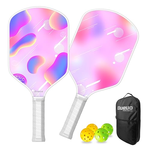 Bueuo Pickleball Paddles Set of 2,Pickleball Paddle Made with Fiberglass and Honeycomb Polypropylene - Includes 2 Paddles, 4 Balls, and Pickleball BagPink