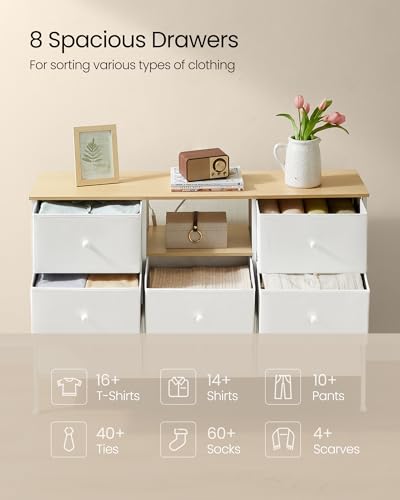 SONGMICS Dresser with Power Outlets and LED Lights, Fabric Chest of Drawers, 25 Colors, 8 Drawers, TV Stand for up to 60 Inch TVs, 11.8 x 47.2 x 31.3 Inches, Cloud White and Oak Beige ULTS518W01