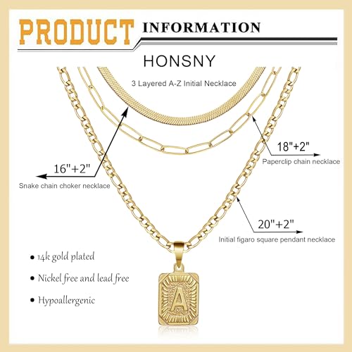 Honsny 3 PCS Gold Layered Necklace Set for Women Gold Filled Dainty Paperclip Snake Choker Figaro Chain Layering Necklaces Jewelry Gifts Square Pendant Letter A-Z