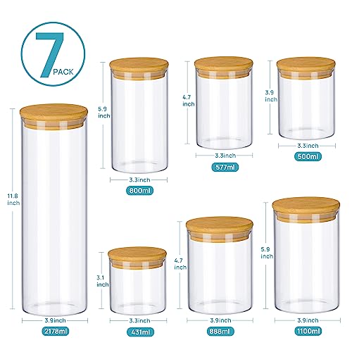 Vtopmart 7-Pack BPA Free Glass Food Storage Jars with Airtight Bamboo Wooden Lids for Pasta, Nuts, Coffee Beans, Cereal and Kitchen Pantry Organization