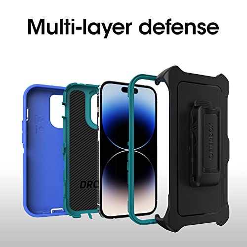 OtterBox iPhone 14 Pro (ONLY) Defender Series Case - RAIN CHECK (Blue), rugged & durable, with port protection, includes holster clip kickstand