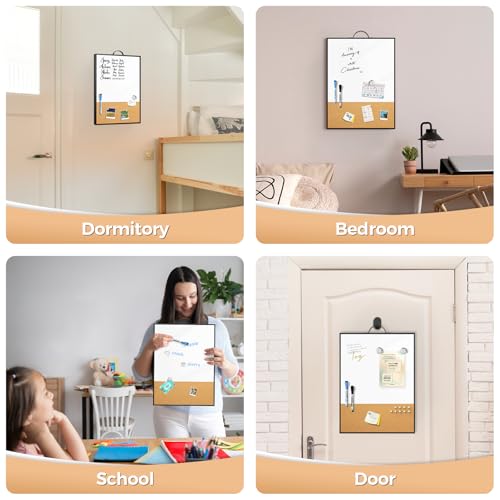 Small White Board Cork Board Combo, 16"x12" Magnetic Dry Erase Board & Bulletin Corkboard with Handle for Wall Hanging, Portable Aluminum Frame Whiteboard with Cork for Office Home School