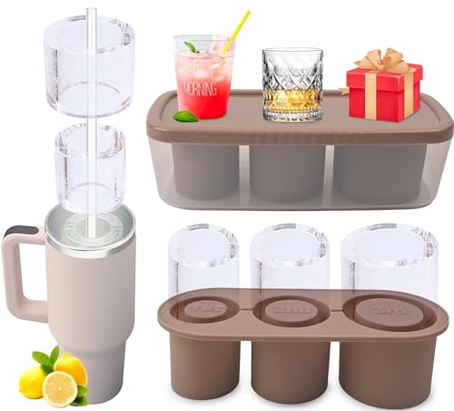 XZYLY Ice Cube Tray for Stanley Cup,Ice Mold with Lid & Bin for 30&40 oz Stanley Tumblers Accessories,Easy Release Silicone Ice Maker for Ice Drink,Juice,Whiskey,Cocktail,Summer Gifts,Brown