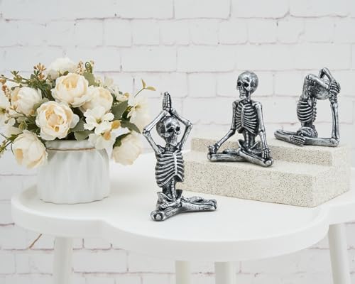 BOIHEGU Yoga Skeleton Skull Statue(Set of 3) Yoga Skull Statue for Yoga Meditation Room Decoration, Spooky Gothic Office Bookshelf Table Decoration(Antique Gold)