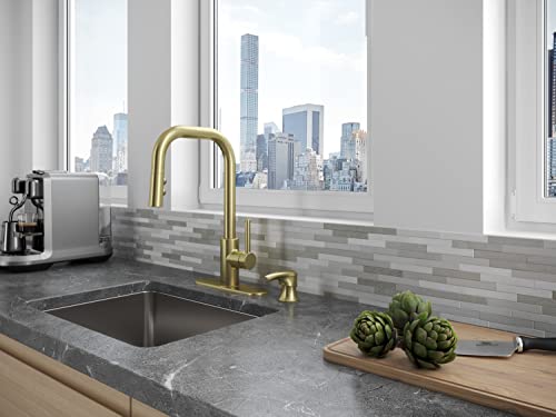 Pfister Zanna Kitchen Faucet with Pull Down Sprayer and Soap Dispenser, Single Handle, High Arc, Brushed Gold Finish, F5297ZNRBG