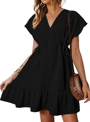 Dokotoo Women's Casual Dresses V Neck Drawstring Short Sleeve High Waist Ruffle A Line Solid Color Summer Fashion Short Flowy Pleated Mini Babydoll Dress for Women 2024 Sundresses Black Small