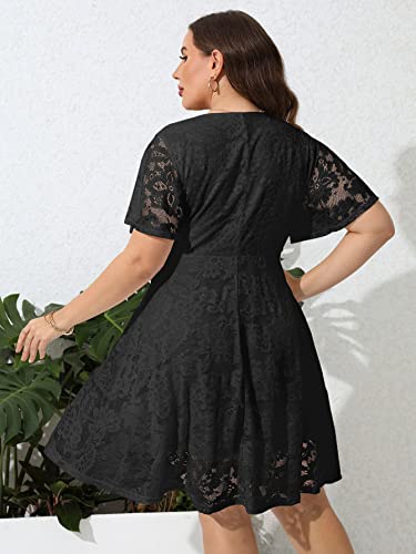SCOMCHIC Women Plus Size Lace Cocktail Dresses Faux Wrap V Neck Short Sleeve Flowy A Line Wedding Guest Midi Dress Navy