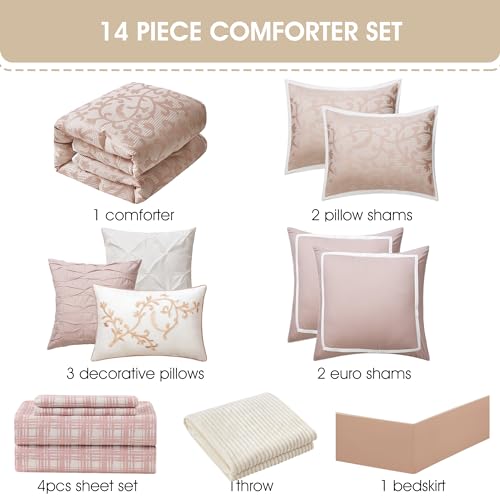 Stratford Park Blush Paisley Comforter Set Queen Size, 14 Piece, Jacquard Bedding Sets & Collections,1 Flat Sheet,1 Fitted Sheet, Pillow Shams Bedskirt