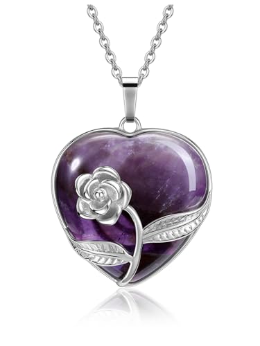 Jovivi Amethyst Crystal Heart Necklace Rose Flower Wrapped Love Heart Gemstone Healing Stone Pendant Necklaces Natural Spiritual Quartz Jewelry for Women Valentines Birthday Gifts