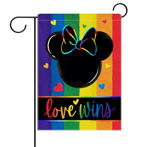 Dyrenson Love Rainbow Cartoon Mouse Decorative Garden Flag, LGBTQ Gay Lesbian Heart Yard Outside Pride Month Home Decoration, LGBT Bisexual Pansexual Burlap Outdoor Small Decor Double Sided 12 x 18