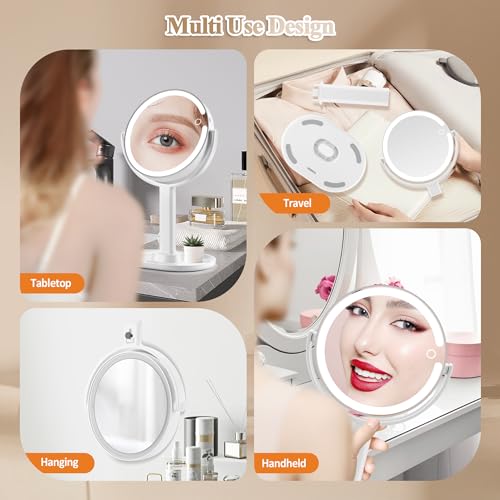 20x Magnifying Mirror with Light,Double Sided 1x/20x Magnified Mirror with Lights, Rechargeable 3 Color Lights and Adjustable Brightness Vanity Mirror, 360° Rotation Detachable for Travel with Tweezer