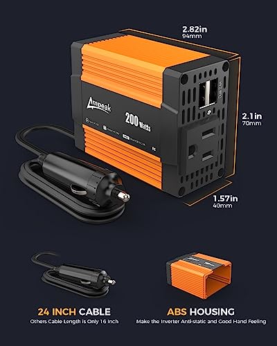 Ampeak 200W Car Power Inverter 4.8A Dual USB Ports AC Outlet Car Inverter DC 12V to AC 110 Car Plug Adapter