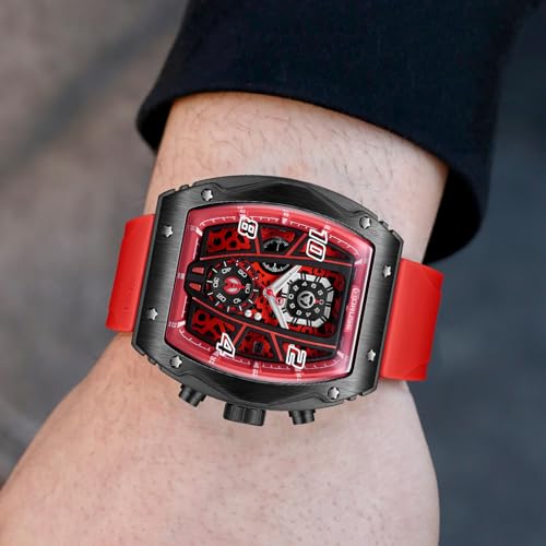 BORUSE Chronograph Watch for Men Red Square Waterproof Quartz Watches Fashion Sport Silicone Strap Luminous Calendar Analog Wristwatch