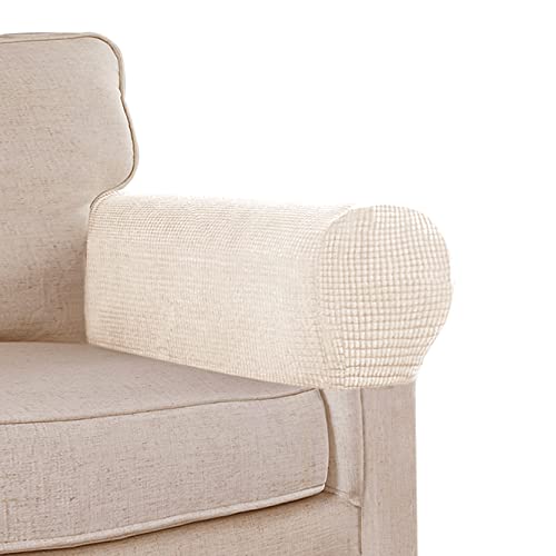 Stretch Sofa Armrest Covers Spandex Jacquard Arm Covers for Chairs and Sofas Anti-Slip Couch Armrest Covers with Sticker Furniture Armrest Protector for Sofa Couch Chair Recliner, Set of 2, Beige
