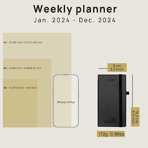 POPRUN Planner 2024-2025 Pocket Size (4'' x 6.25'') Academic Year Calendar (July 2024 - June 2025) 2024 Weekly Planner with Hourly Time Slots, Leather Soft Cover - Black