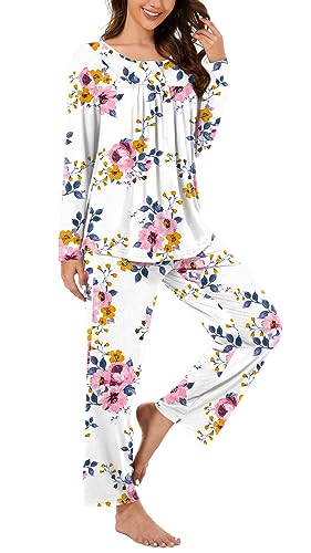 Bestbee Womens Pajama Set, 2 Piece Lounge Outfits Pleated Sleepwear Sets Long Sleeve With Pockets Ladies Pjs, M, Sailboat-Blue