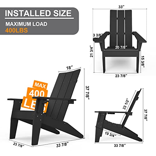 MXIMU Modern Adirondack Chair Weather Resistant with Cup Holder Oversized Fire Pit Chairs Adorondic Plastic Outdoor Chairs for Firepit Area Seating (Black)