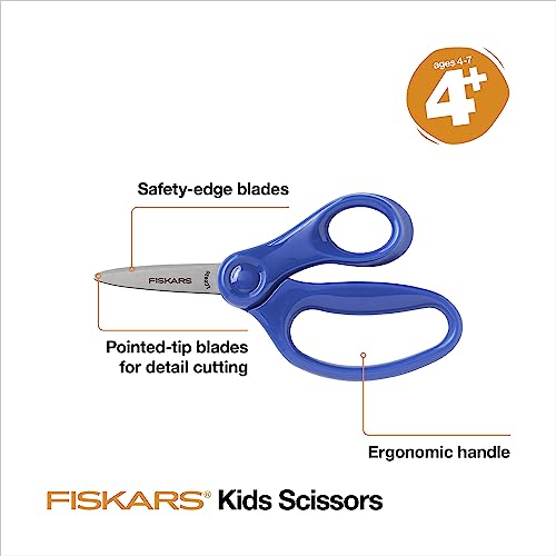 Fiskars 5" Pointed-Tip Scissors for Kids 4-7 (3-Pack) - Scissors for School or Crafting - Back to School Supplies - Red, Blue, Turquoise