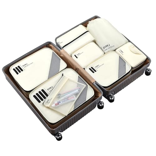 DIMJ Packing Cubes for Suitcases - Travel Cubes for Packing, Lightweight Luggage Packing Cubes, Suitcase Organizer with Laundry Bag, Shoes Bag, Toiletry Bag (Beige)
