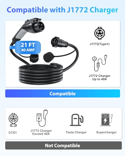 EVDANCE J1772 Extension Cable, EV Charger Extension Cord 32A 21FT Charging Cable for Electric Vehicle 110V-240V Compatible for All SAE J1772 Chargers (32A - 21FT)