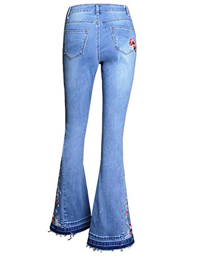 Women's Flared Fit Jeans Bell Bottom Denim Pants with Contrast Wash Hem Detail (Embroidered Blue, 4)