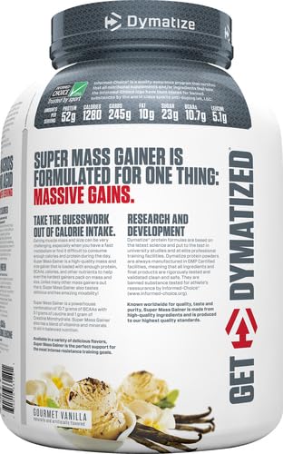 Dymatize Super Mass Gainer Protein Powder, 1280 Calories & 52g Protein, Gain Strength & Size Quickly, 10.7g BCAAs, Mixes Easily, Tastes Delicious, Gourmet Vanilla, Gourmet Vanilla, 6 Pound (Pack of 1)