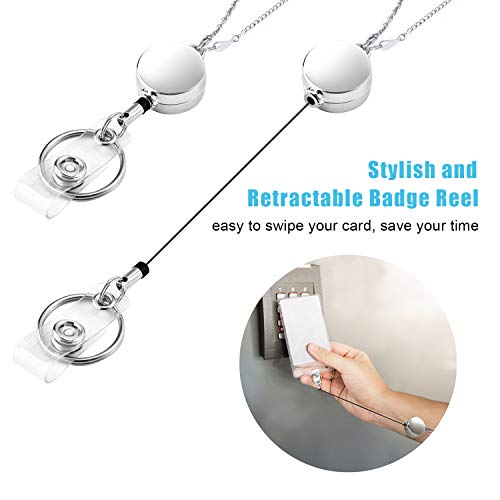 Vzrflee Retractable Badge Reel Lanyard with 2 Pieces ID Holder for Women, Fashion Beaded Chain Premium Stainless Steel Lanyard Necklace Water Resistant Name Badge Holder (Black)