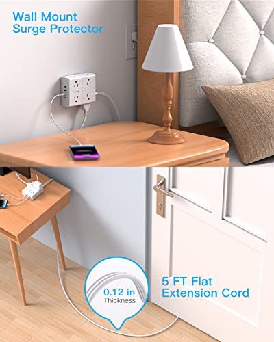 Surge Protector Power Strip, 5Ft Flat Extension Cord Flat Plug with 4 USB Charging Ports (2 USB C) 8 Widely Outlets, 1080J Wall Mount Outlet Extender, Office Supplies, Dorm Room Essentials