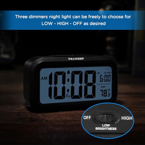 Peakeep Night Light Digital Alarm Clock Battery Operated with Indoor Temperature, Desk Small Clock (Black)