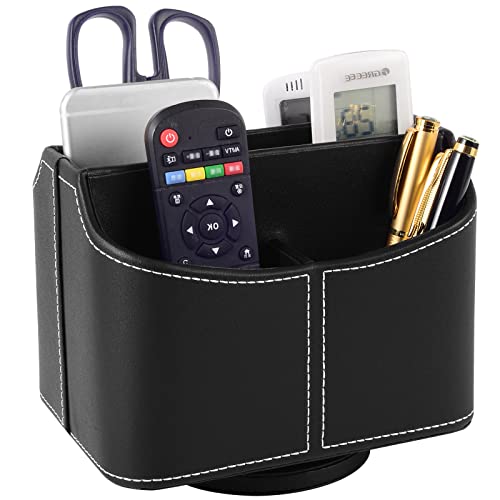 PU Leather Remote Control Holder Rotate 360 degrees Desk Organizer Storage Box for Remote Caddy,TV Guide, Mobile Phone, Pen,Stationery and Media Storage,Bedside Table Organizer(Black)