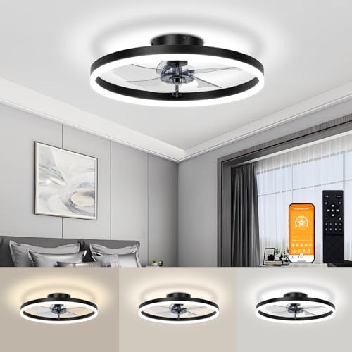 VOLISUN Low Profile Ceiling Fan with Lights and Remote, 15.7in Bladeless Ceiling Fans with light Flush Mount, 3000K-6500K Dimmable Modern LED Fan Light, Black Fandelier Ceiling Fans for Bedroom