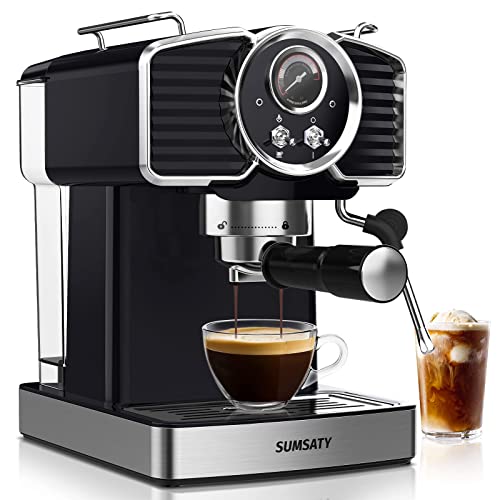 SUMSATY Espresso Machine 20 Bar, Professional Espresso Maker with Milk Frother Steamer Wand, Espresso Coffee Machine Black, Cappuccino & Latte Machine for Home, Retro, 1.8L Removable Water Tank