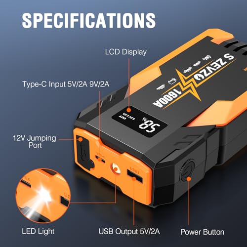 ET05 Jump Starter 1600A Portable Car Jump Starter Battery Pack for Up to 7.2L Gas and 5.5L Diesel Engines 51.8Wh 12V Jump Box with USB Ports, LCD Display and LED Light