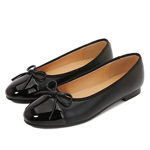 VivaLaver Women's Cap Toe Ballet Flats Two Tone Bow Flats Round Toe Shoes for Women Slip on Casual, Work, Dress Flats Pumps for Women Black Size 11