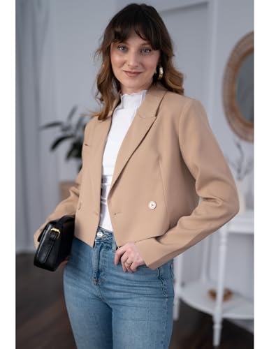 luvamia Cropped Blazers for Women Business Casual Open Front Jackets for Women Fashion Dressy Fashion Jackets for Women Womens Suits for Work Professional Apricot Size X-Small Fits Size 0 / Size 2