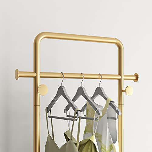 TIEOU Gold Clothing Racks with Shelf, Heavy Duty Gold Clothes Racks for Boutiques, Free-Standing Metal Garment Rack for Hanging Clothes, Modern Coat Rack Entryway