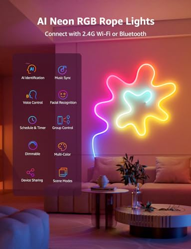 Lepro N1 AI Smart RGB Rope Lights, LLM AI Generated Lighting, LightBeats Music Sync, Color Segment DIY, Voice Control Via App, 9.84ft Wi-Fi & Bluetooth LED Strip Lights for Halloween Decorations