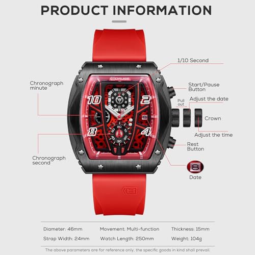 BORUSE Chronograph Watch for Men Red Square Waterproof Quartz Watches Fashion Sport Silicone Strap Luminous Calendar Analog Wristwatch