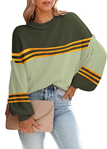 ETCYY Womens Sweaters Fall 2024 Batwing Long Sleeve Side Slit Knit Tops Crew Neck Striped Oversized Sweater Pullover Tops(M.C Print Apricot)