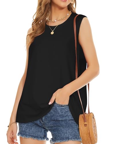 Womens Summer Tops Sleeveless Top Crewneck Cute Printed Tunic Shirts (Blue White Flowers, M)