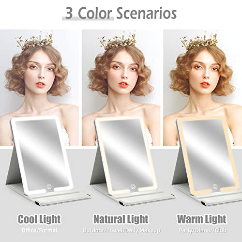 Travel Mirror with Light and Round 10X 20X Magnifying Mirror, PU Leather Travel Makeup Mirror with 3 Light Settings, Portable LED Lighted Makeup Mirror of 8 * 5.5inch, with 2000mAh