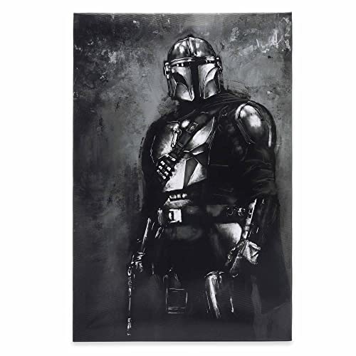 Open Road Brands Disney Star Wars Mandalorian Gallery Wrapped Canvas Wall Decor - Black and White Mandalorian Painting for Man Cave or Movie Room